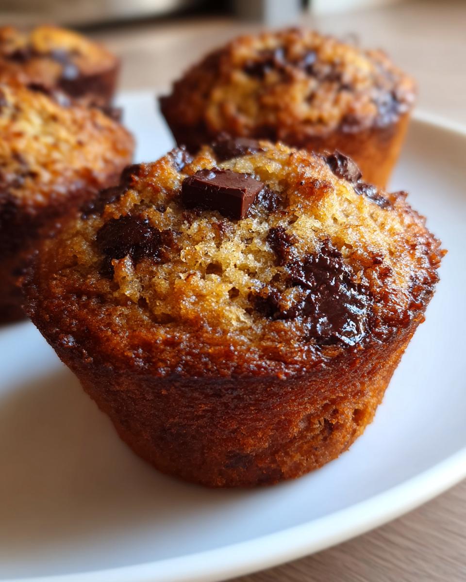 A close-up of a freshly baked banana chocolate chip muffin with melted chocolate chunks on top.