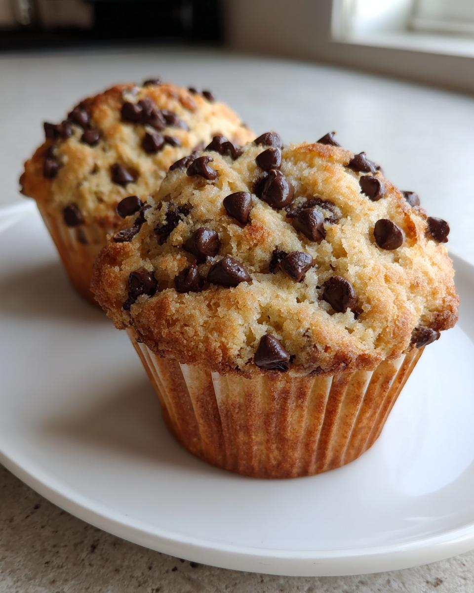 Close-up of two golden brown banana chocolate chip muffins topped generously with melted chocolate chips on a white plate.