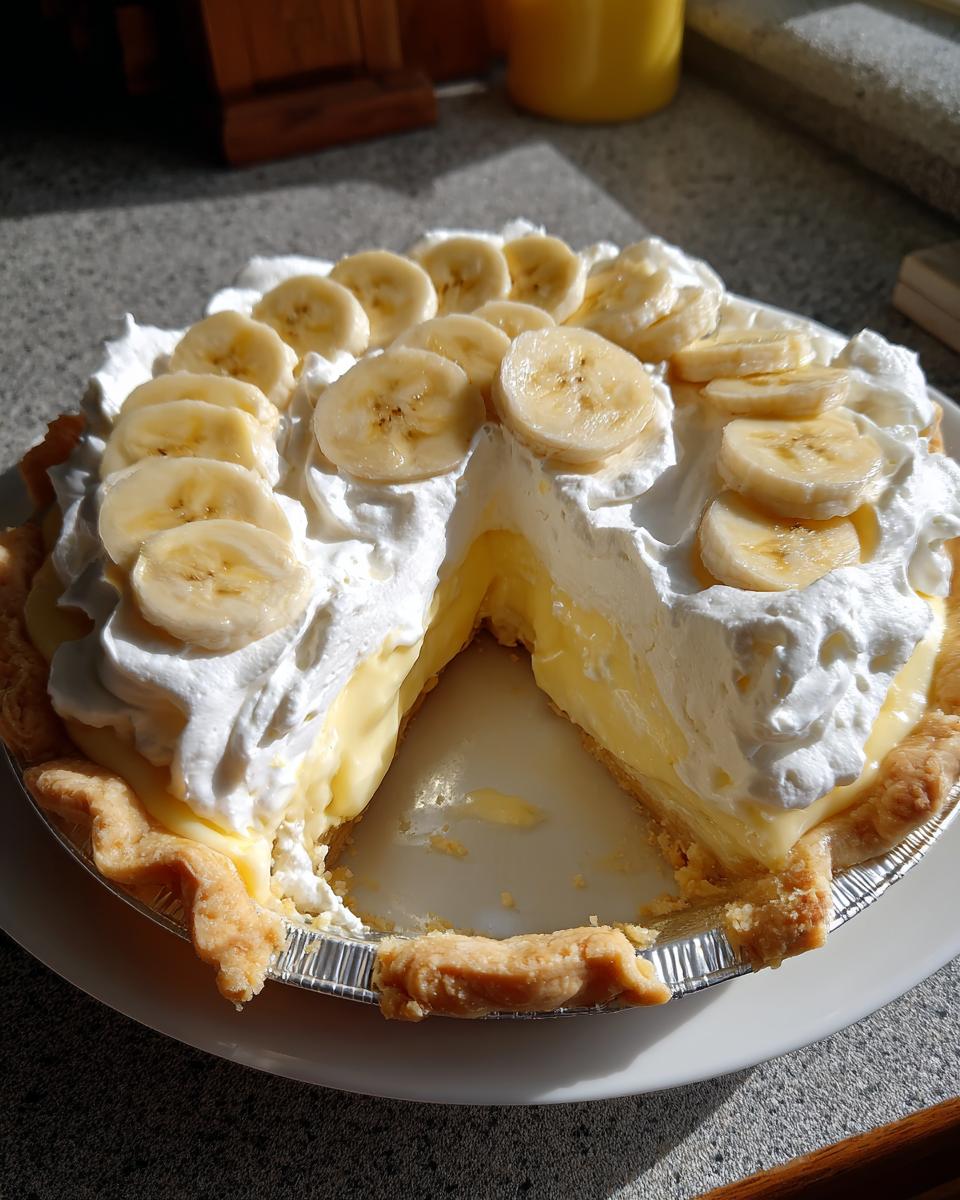 A whole banana cream pie with one slice removed, topped with whipped cream and fresh banana slices.