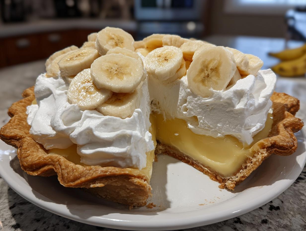 A rich slice of banana cream pie showing layers of crust, custard, whipped cream, and fresh banana slices.