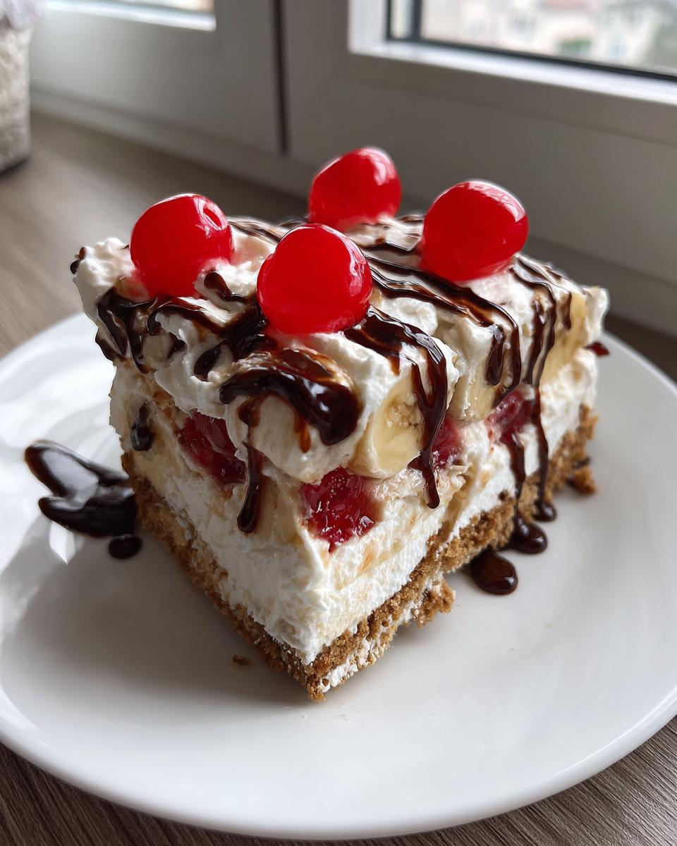 A decadent slice of banana split cake featuring layers of cream, fruit, and a graham cracker crust, topped with whipped cream, chocolate drizzle, and maraschino cherries.
