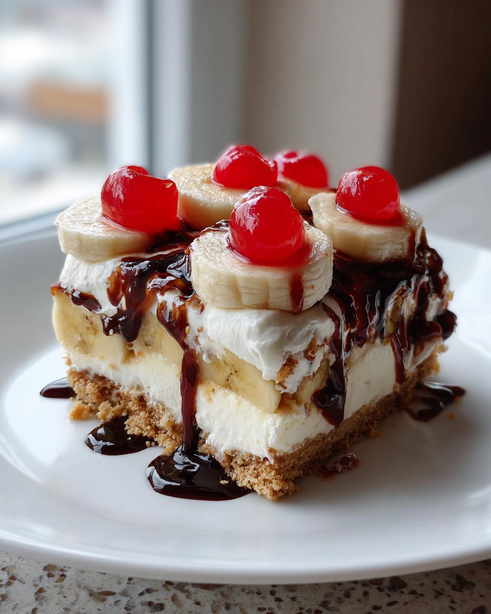 A layered slice of banana split cake topped with whipped cream, banana slices, cherries, and chocolate syrup.