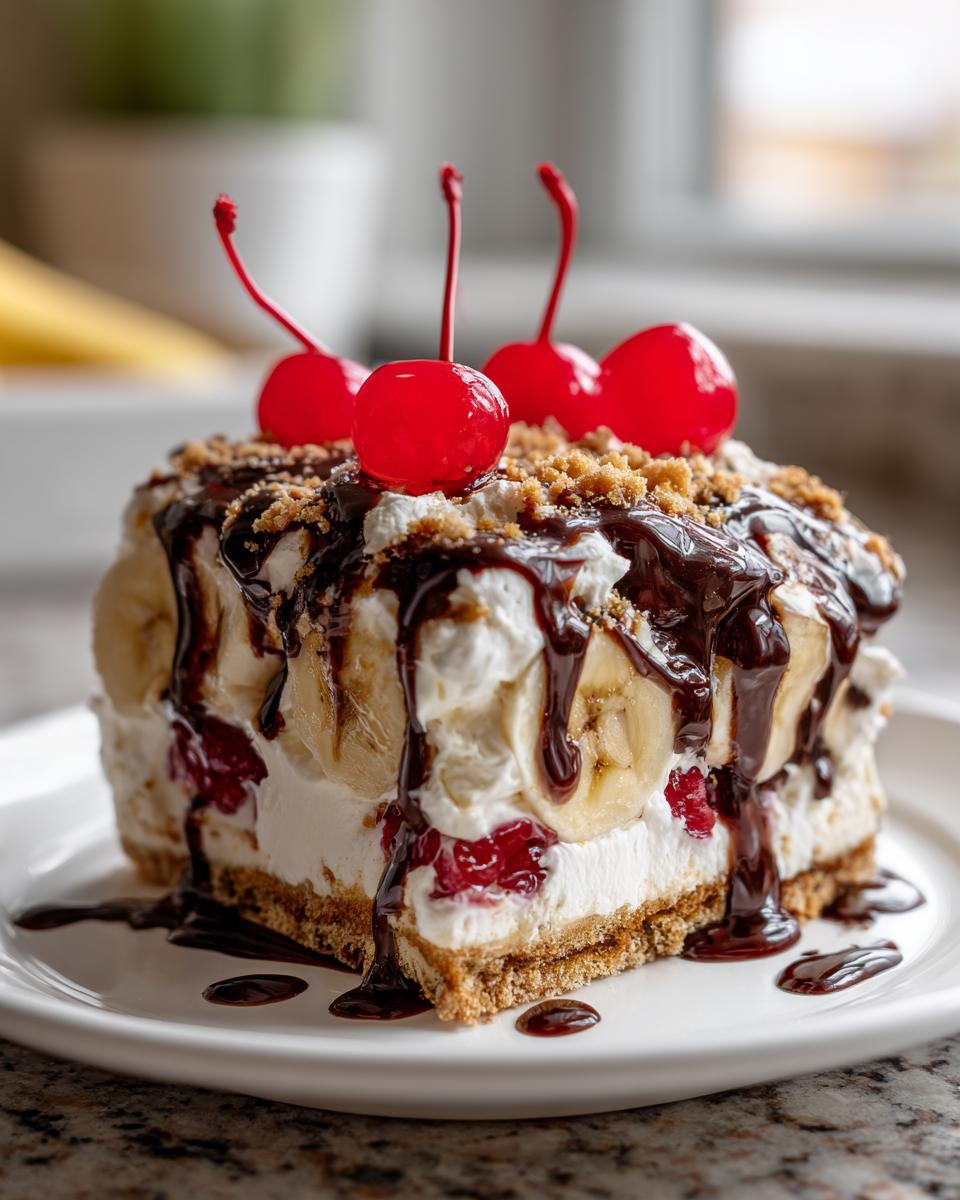 A tall slice of banana split cake topped with whipped cream, chocolate syrup, graham cracker crumbs, and maraschino cherries.