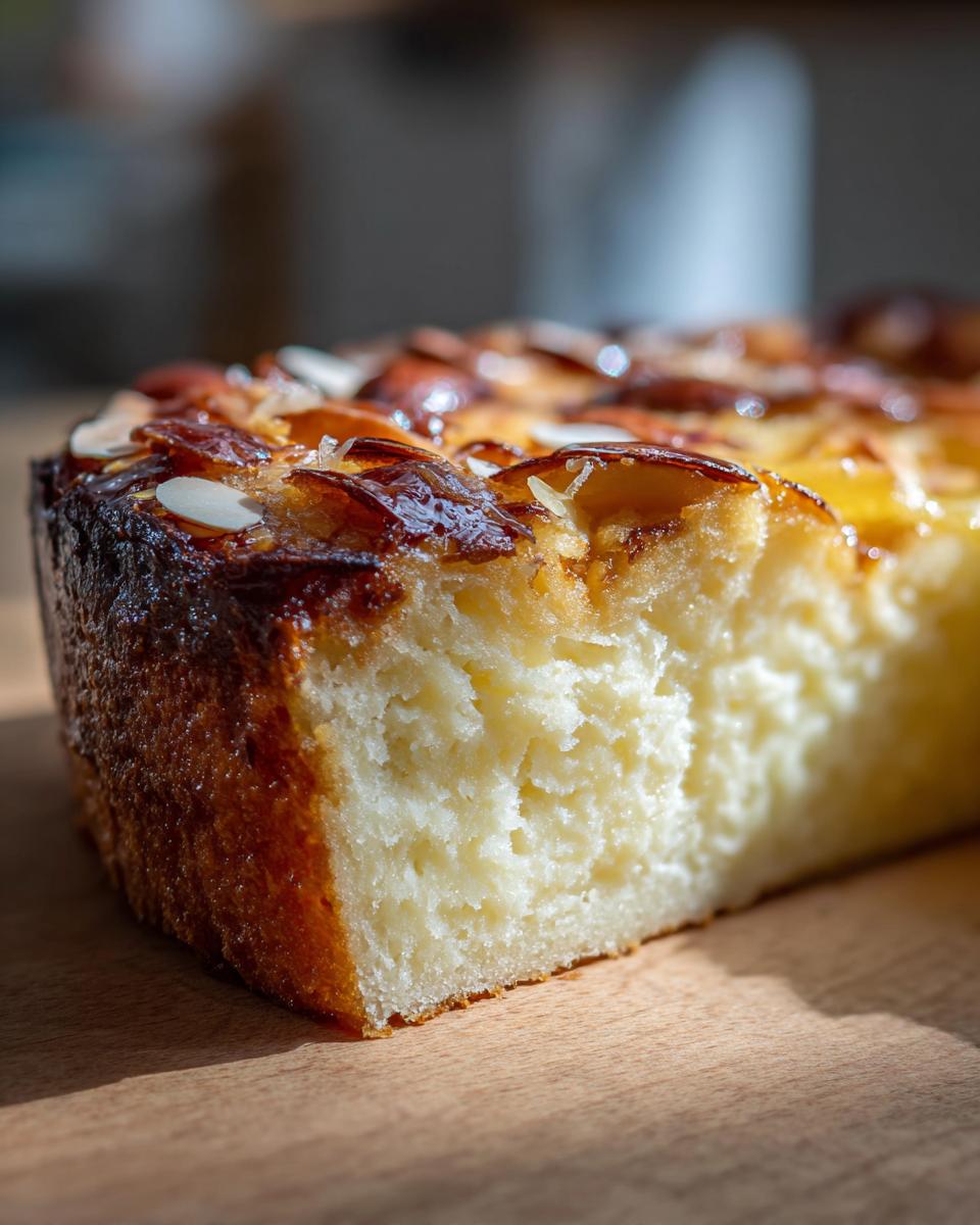 Close-up showing the light, fluffy interior crumb of a bee sting cake with a caramelized almond topping.