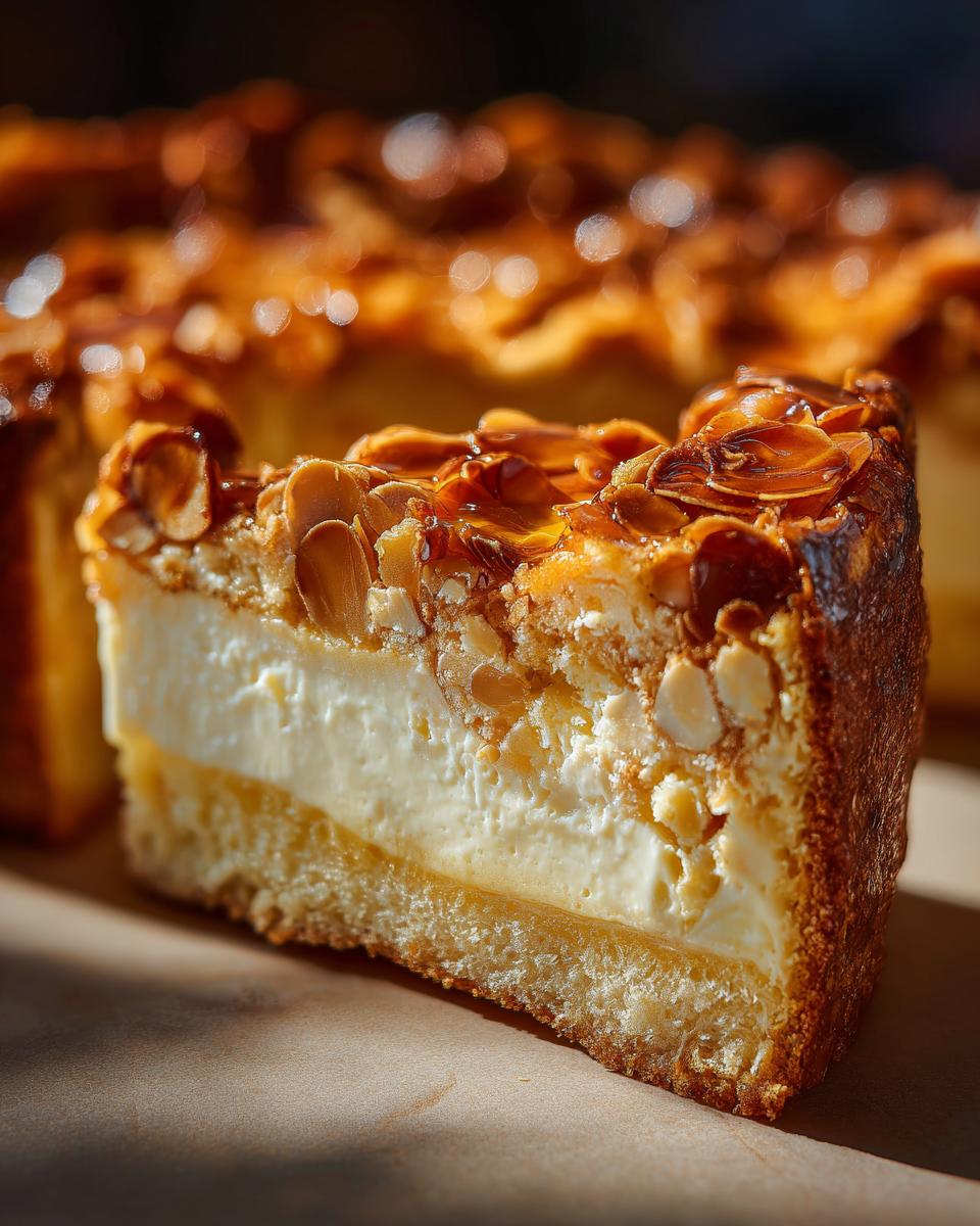 Close-up of a rich slice of bee sting cake featuring a thick cream filling and caramelized almond topping.