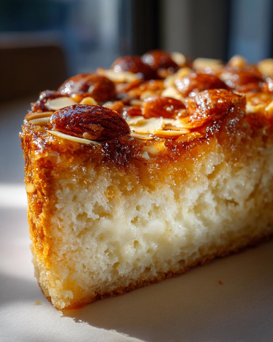 A close-up cross-section of a moist bee sting cake showing the creamy filling and caramelized almond topping.