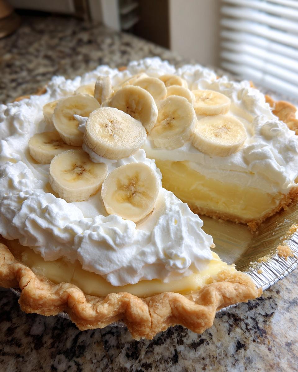 A slice removed from a fresh banana cream pie topped with whipped cream and fresh banana slices.
