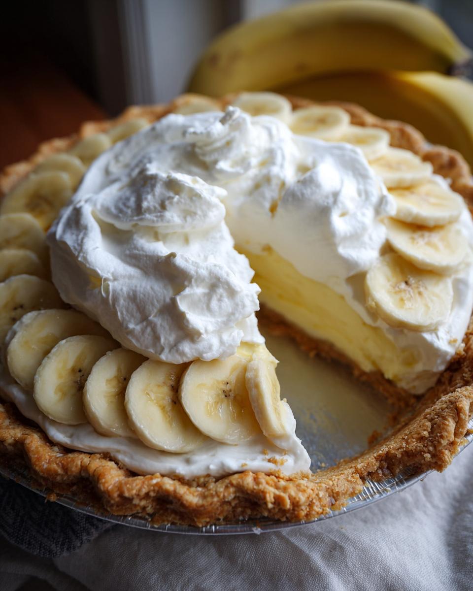 A whole banana cream pie in a foil tin with one slice removed, topped with whipped cream and banana slices.
