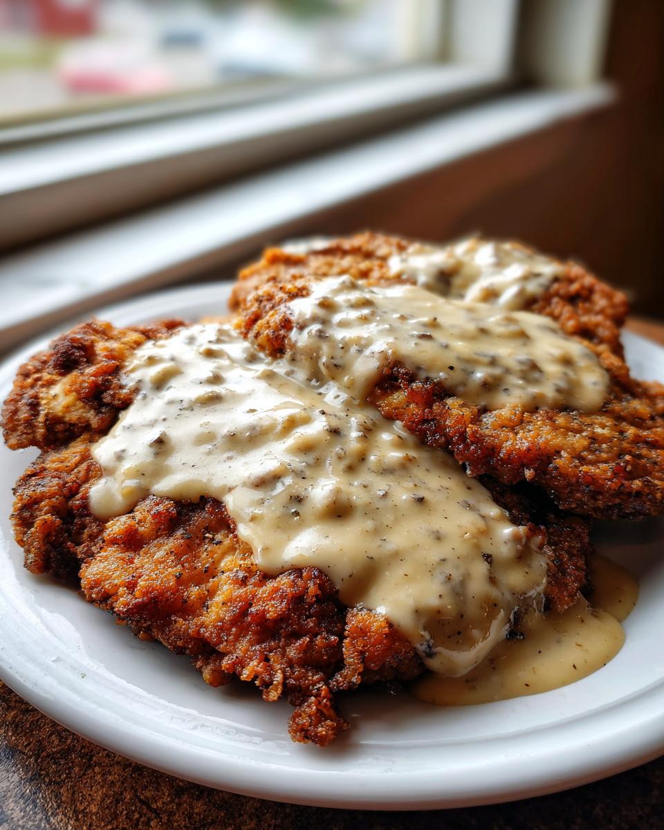 Two golden brown, crispy pieces of chicken fried steak smothered in creamy, black pepper-flecked country gravy.