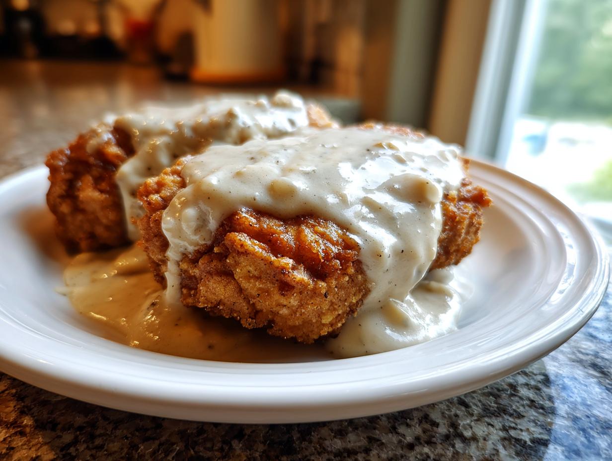 Close-up of two pieces of crispy chicken fried steak smothered in white pepper gravy on a white plate.
