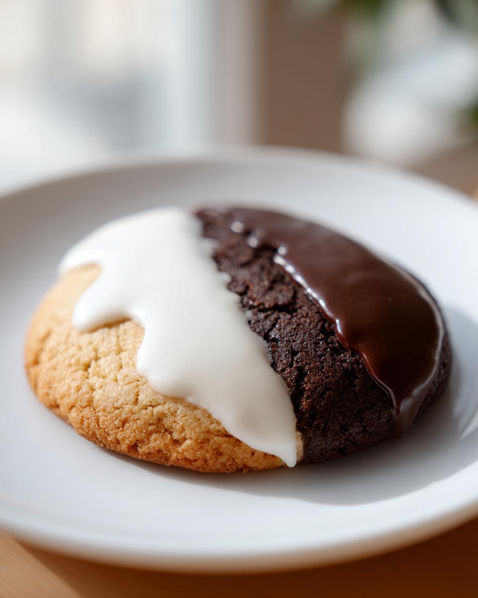 A single, perfectly iced black and white cookie, split between vanilla and chocolate fondant, resting on a white plate.