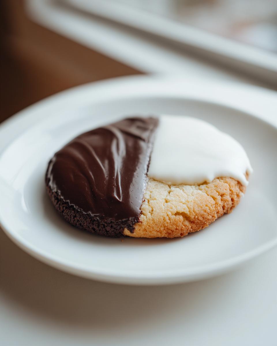 A single, freshly baked black and white cookie, half covered in dark chocolate icing and half in white icing, resting on a white plate.