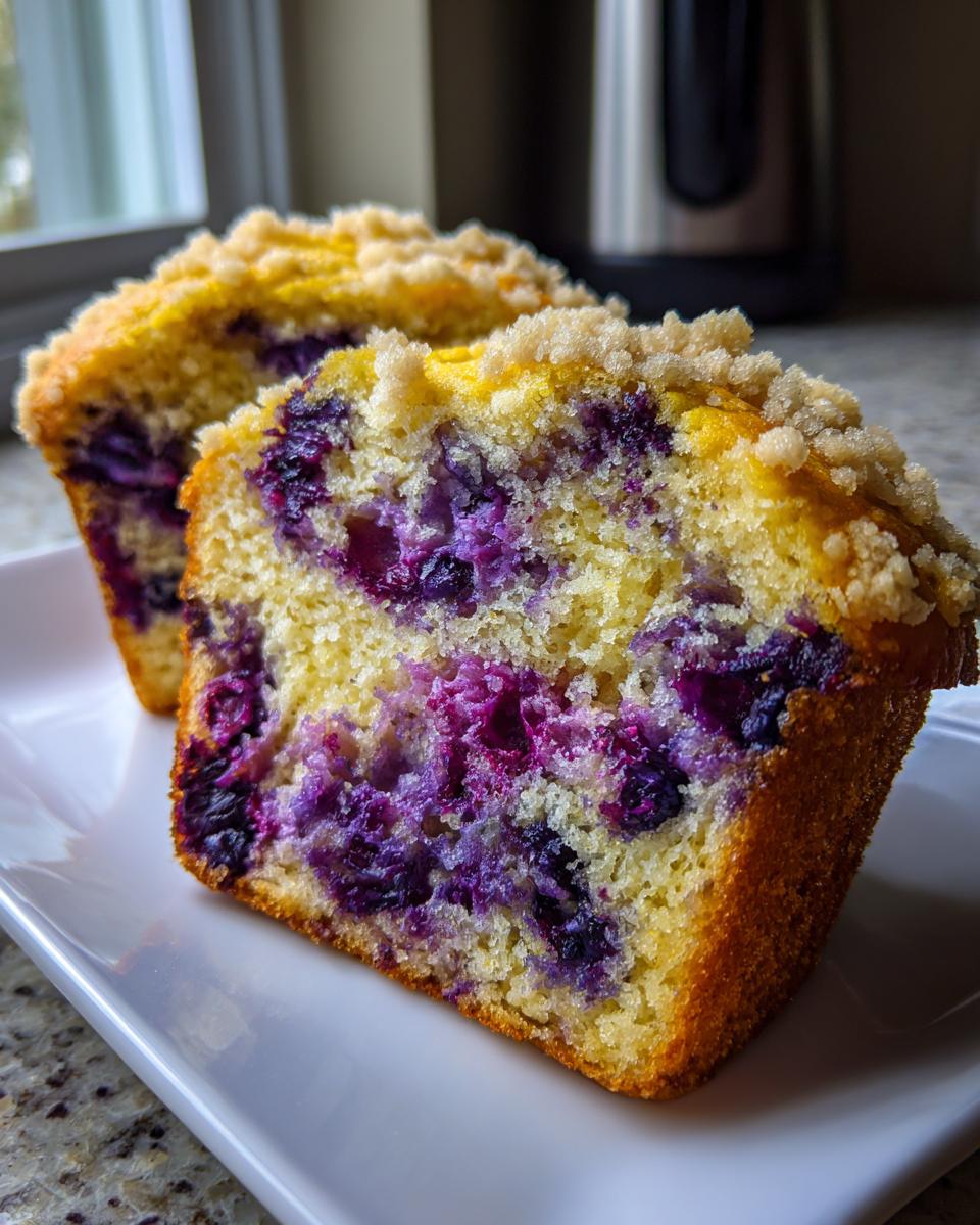 Close-up of two halves of a moist blueberry muffin showing vibrant purple blueberries and a crumb topping.