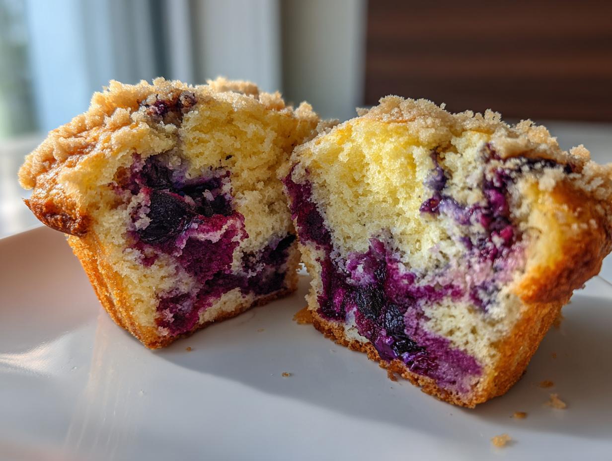 Close-up of a blueberry muffin cut in half showing moist crumb, bursting blueberries, and streusel topping.