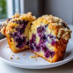 Close-up of a moist blueberry muffin cut in half, showing abundant blueberries and a crumb topping.