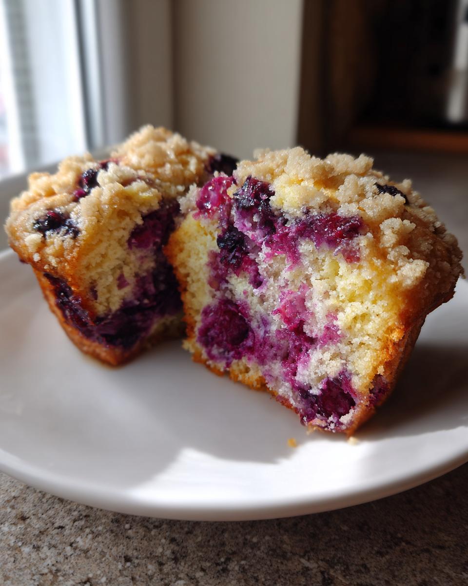 A delicious blueberry muffin, cut in half to show the moist interior packed with purple blueberries and crumb topping.