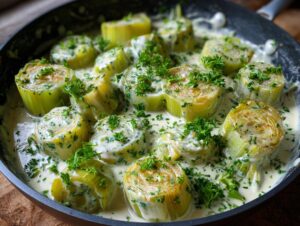 Close-up of thick slices of braised leeks swimming in a creamy white sauce and topped with fresh parsley.