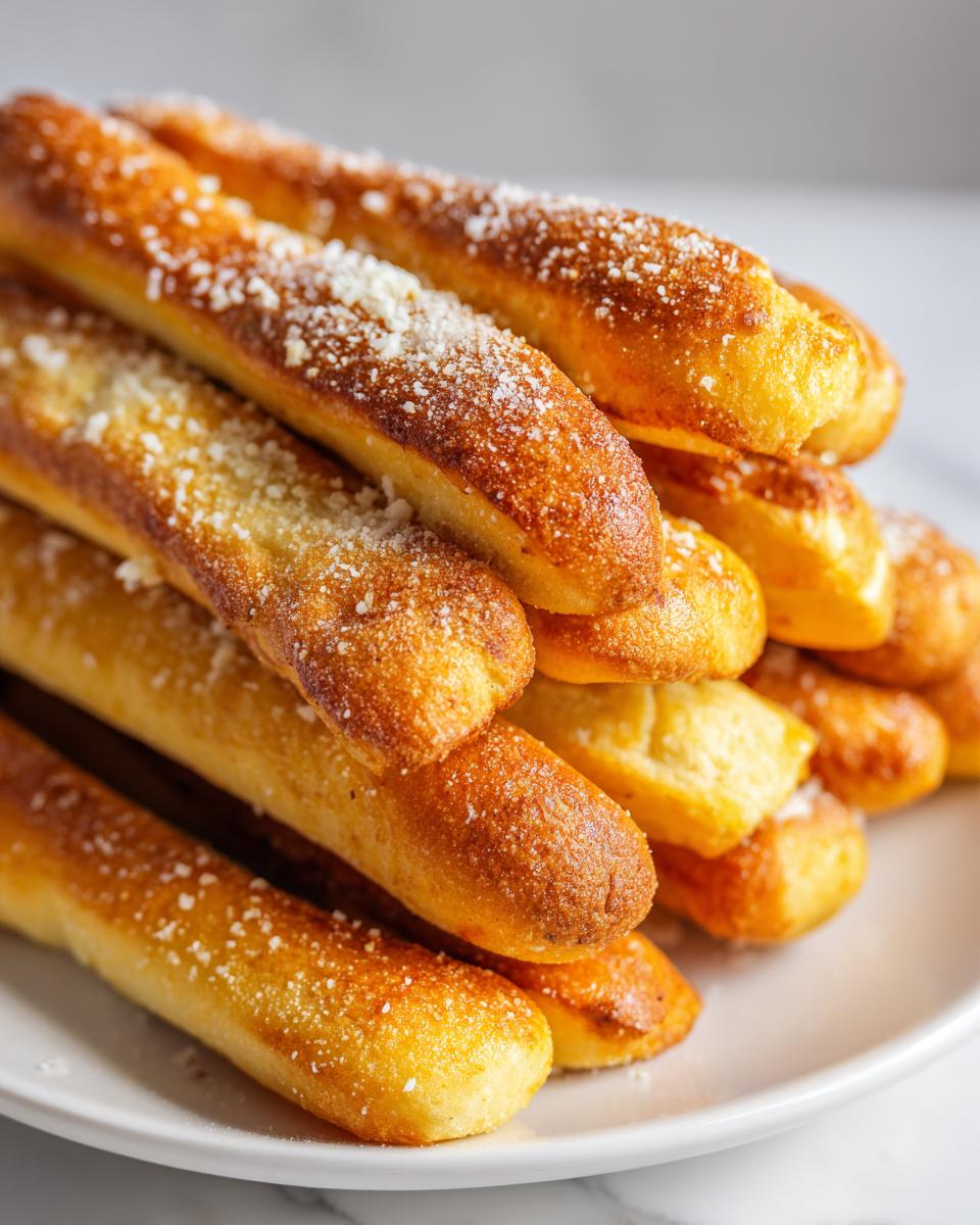 Close-up of a stack of golden, buttery breadsticks sprinkled with grated cheese.