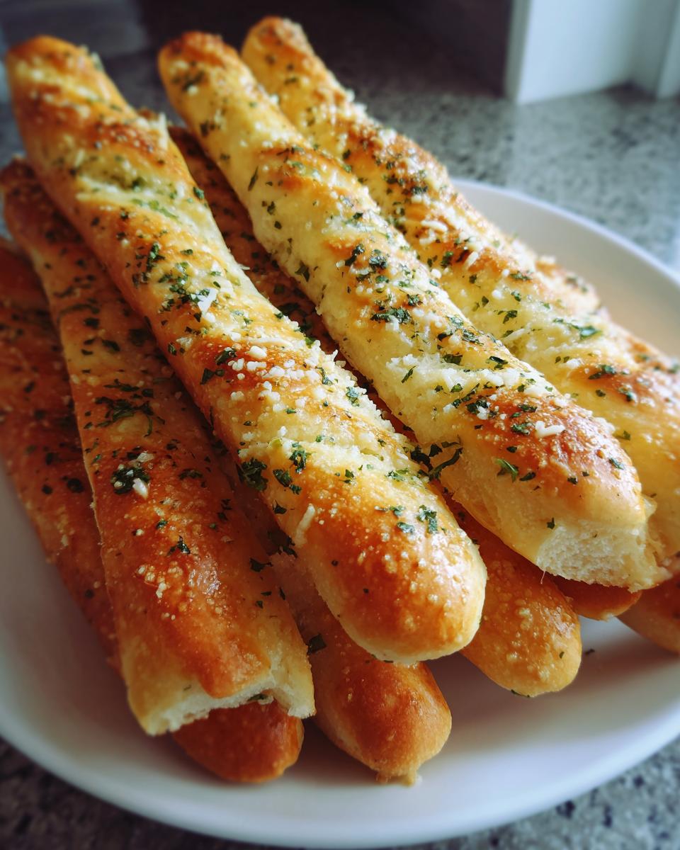 A close-up of several golden, buttery breadsticks sprinkled with grated Parmesan and fresh parsley.