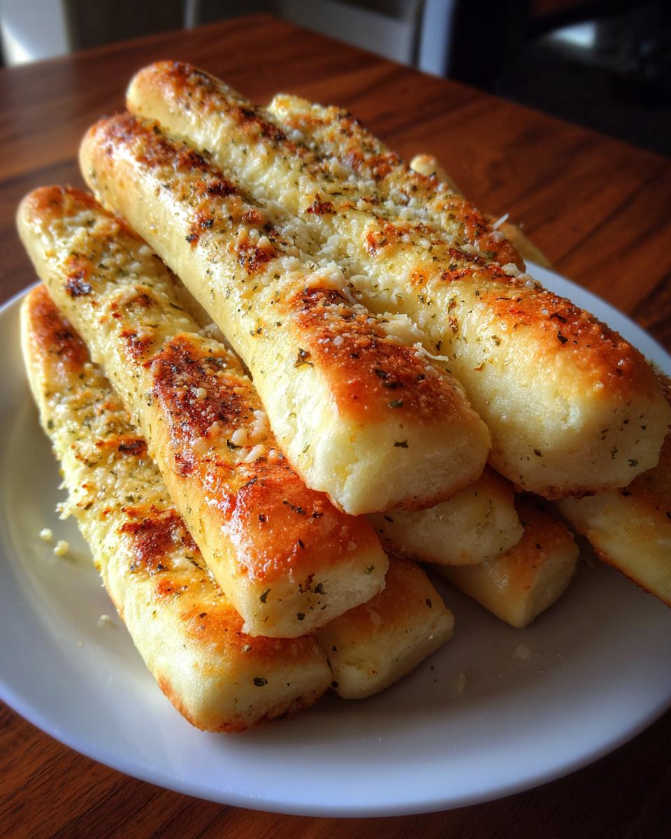 A stack of golden brown, buttery breadsticks topped with melted cheese and herbs, ready to eat.