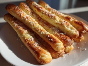 A close-up of golden-brown, buttery breadsticks topped with grated Parmesan cheese and herbs.