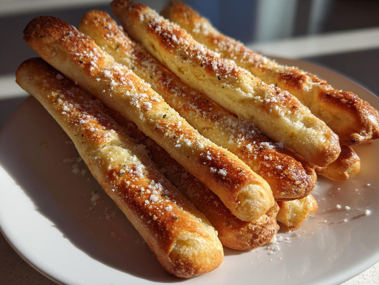 A close-up of golden-brown, buttery breadsticks topped with grated Parmesan cheese and herbs.