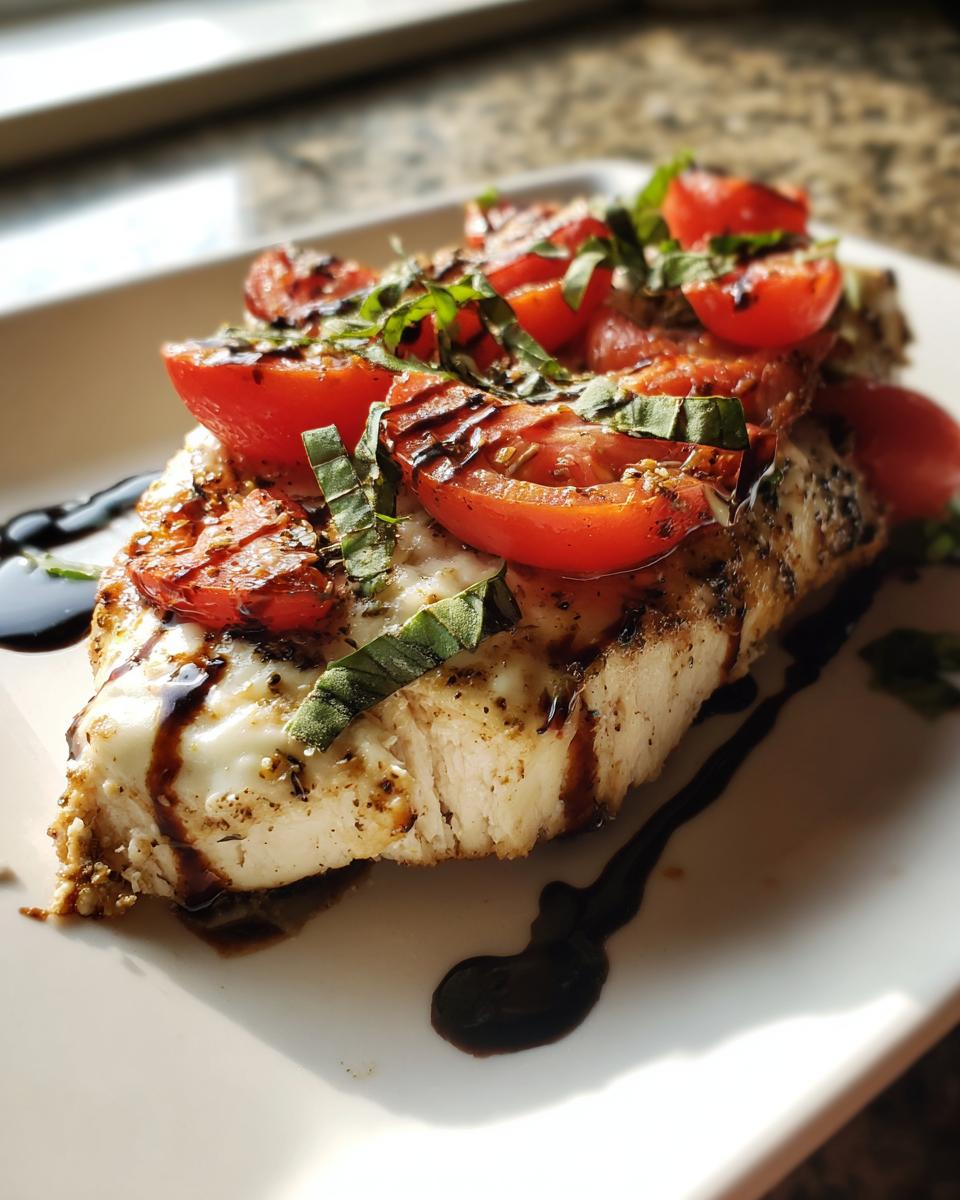 Close-up of a juicy caprese chicken breast topped with melted mozzarella, halved tomatoes, and fresh basil.