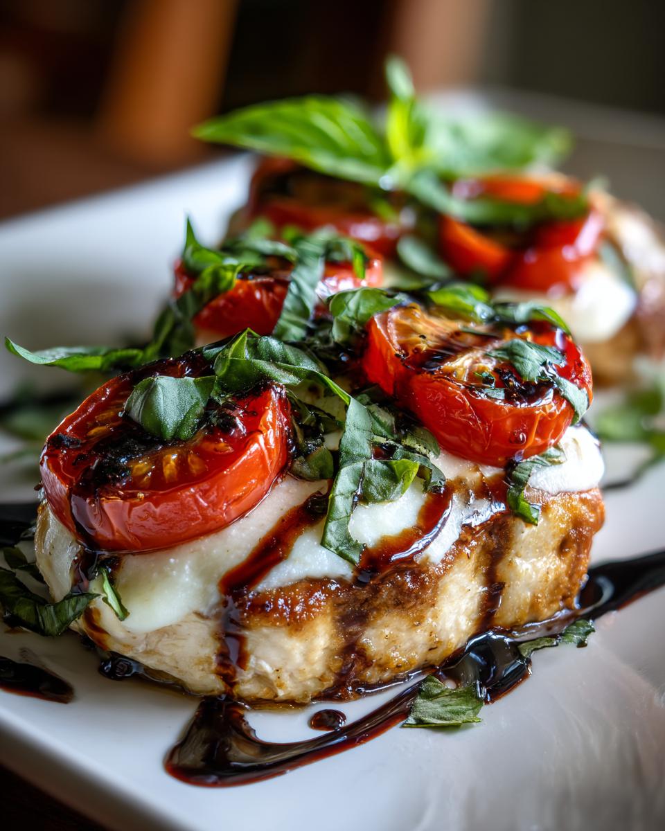 Close-up of a perfectly cooked caprese chicken breast topped with melted mozzarella, roasted tomato, and fresh basil.