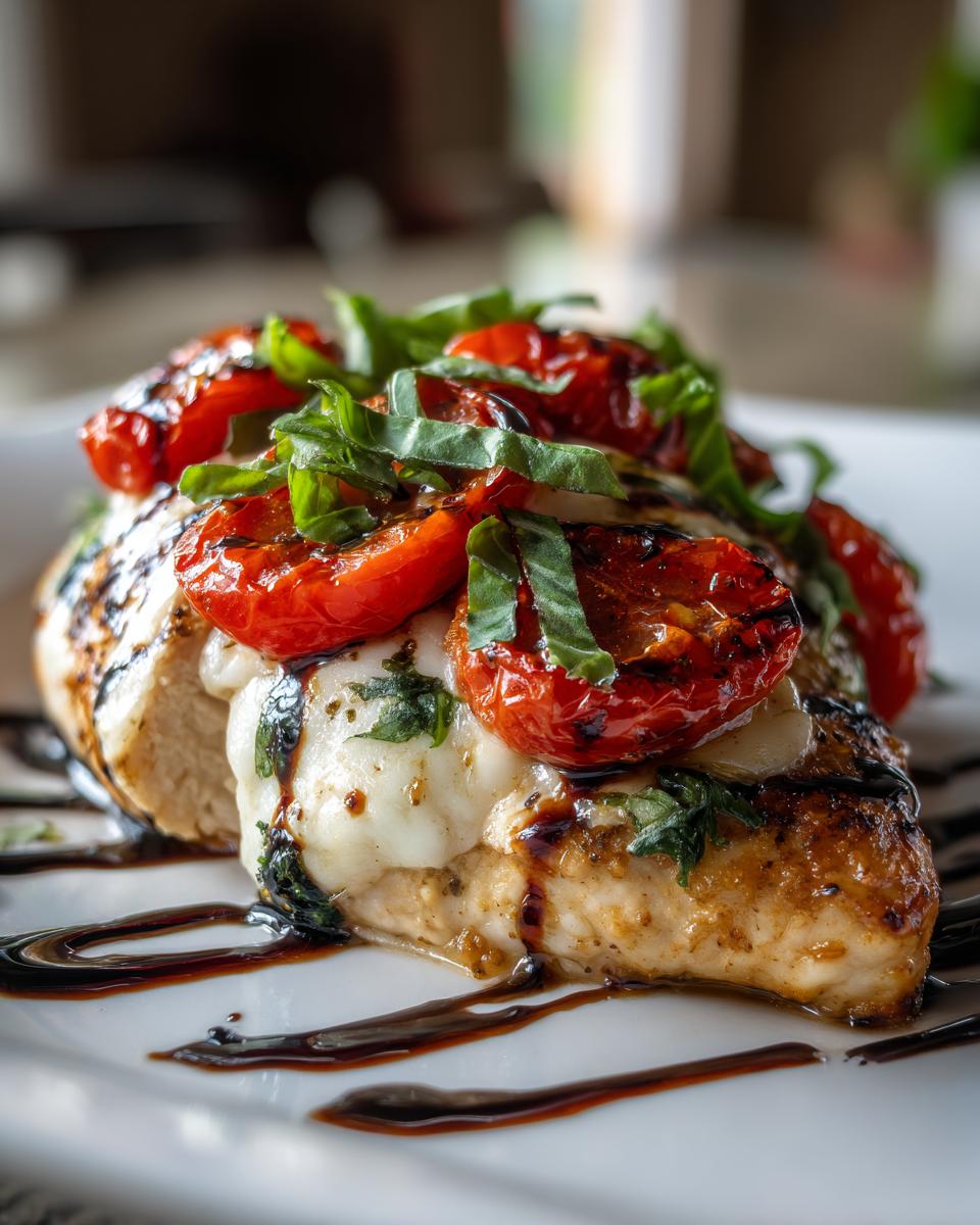 Close-up of a grilled caprese chicken breast topped with melted mozzarella, roasted tomatoes, and fresh basil.