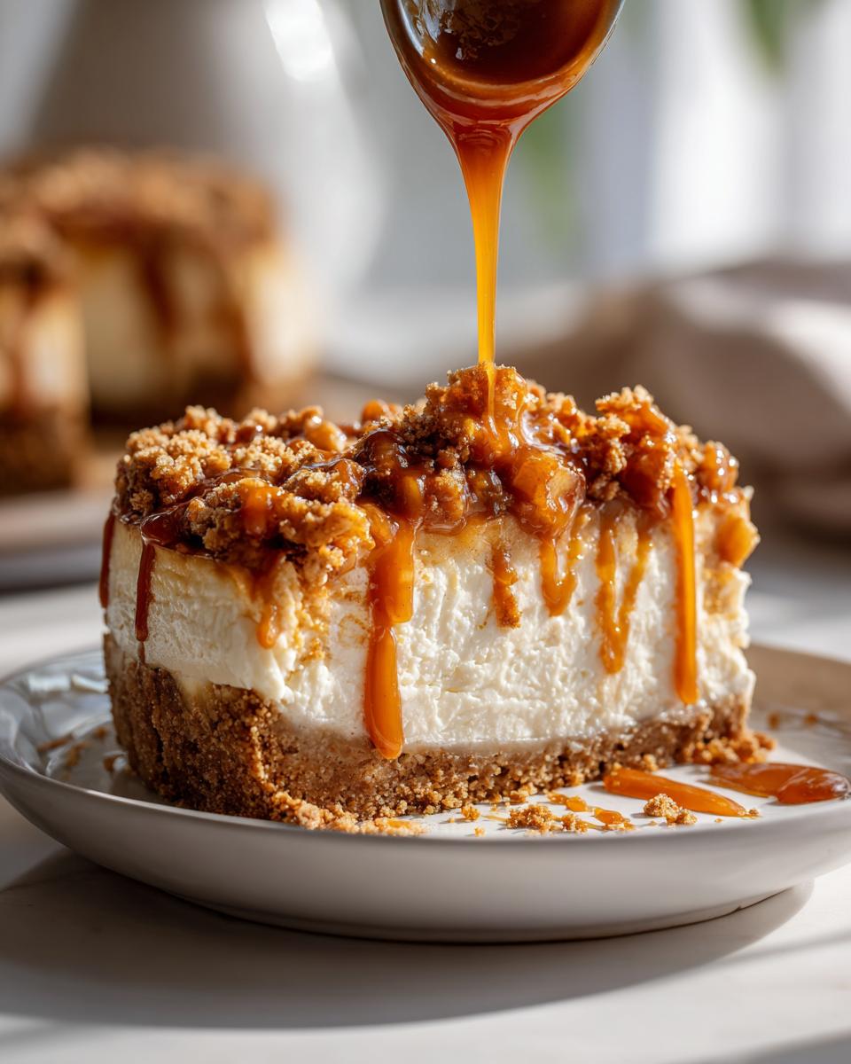 A thick slice of caramel apple cheesecake being drizzled with rich caramel sauce from a spoon.