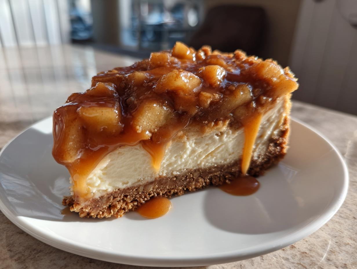 A close-up of a slice of caramel apple cheesecake with thick caramel sauce dripping down the side.