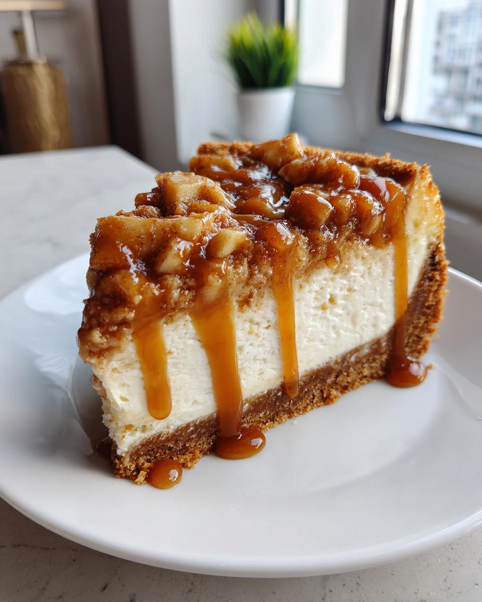 A decadent slice of caramel apple cheesecake with thick caramel drizzle on a white plate.