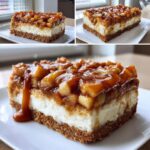 A decadent slice of caramel apple cheesecake bar showing layers of graham cracker crust, creamy filling, and chunky apple topping.