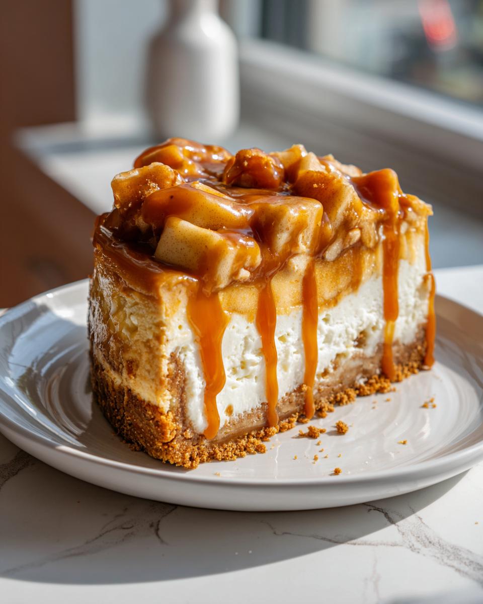 A decadent slice of caramel apple cheesecake with thick caramel drizzle on a white plate.