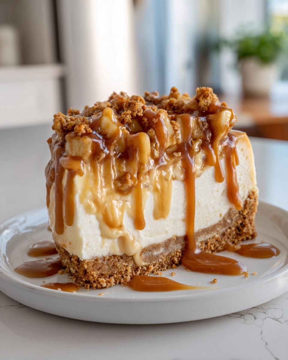 A tall slice of caramel apple cheesecake with a thick graham cracker crust, topped with apples and dripping with caramel sauce.
