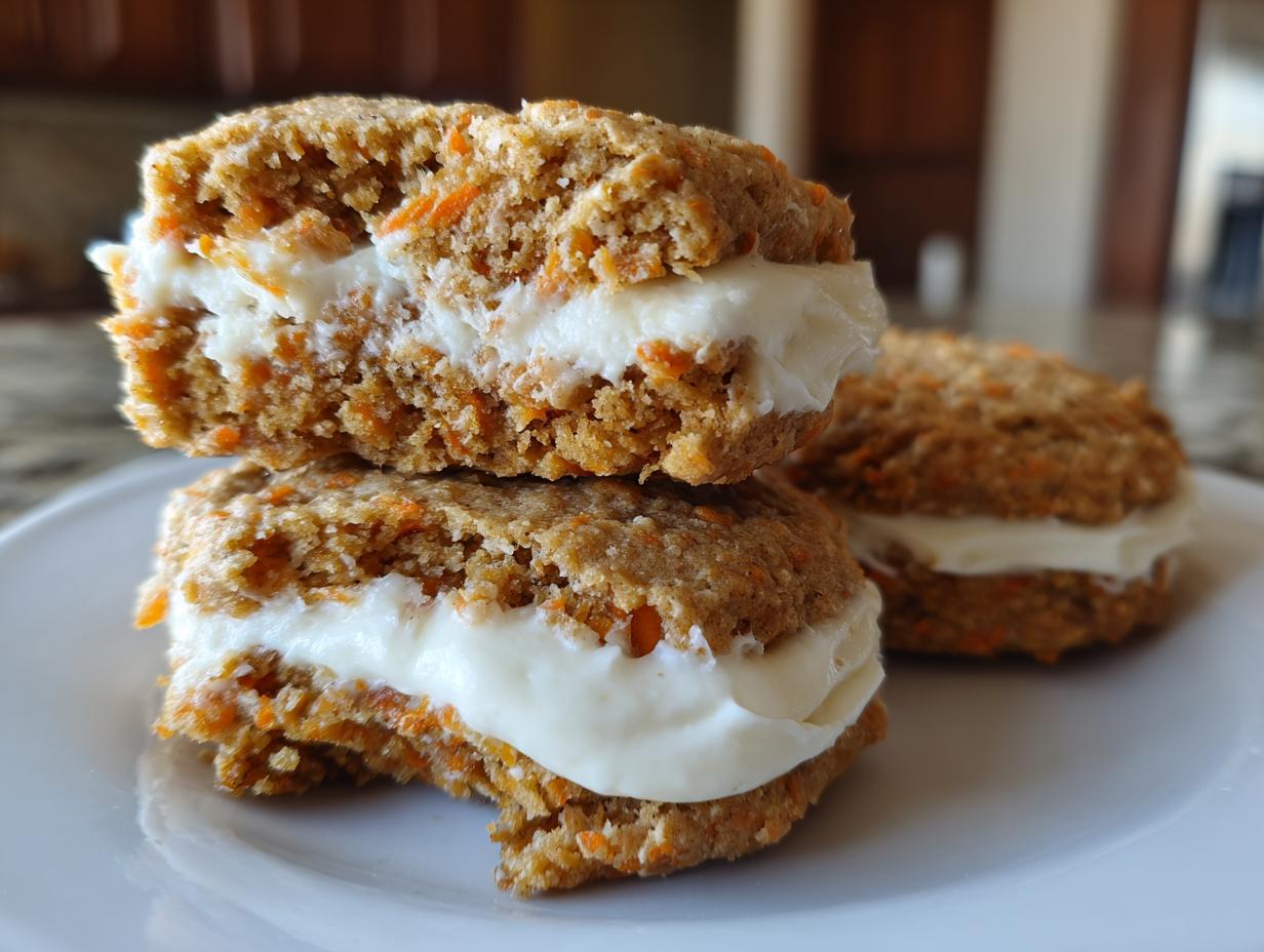 Close-up of stacked carrot cake cookies filled with thick cream cheese frosting.