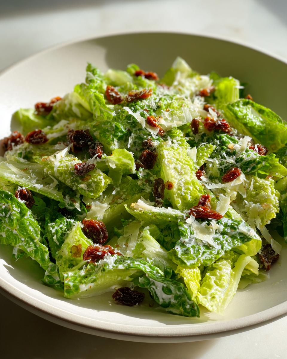 Close-up of a vibrant celery salad tossed with creamy dressing, shredded cheese, and dark raisins.
