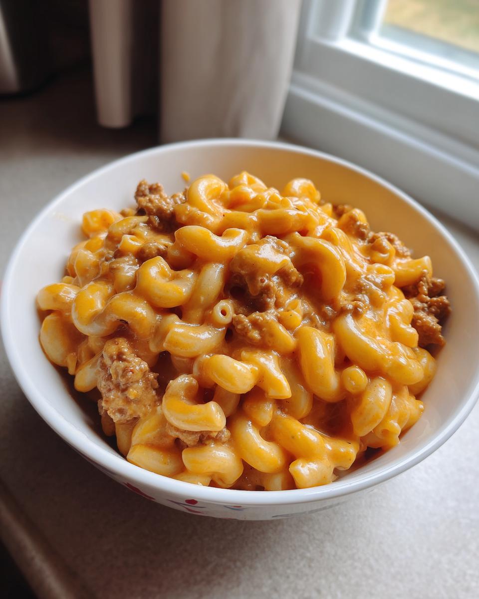 A close-up shot of a white bowl filled with creamy, cheesy cheeseburger pasta mixed with ground beef.