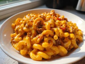 Close-up of a white bowl filled with creamy, cheesy cheeseburger pasta featuring elbow macaroni and ground beef.