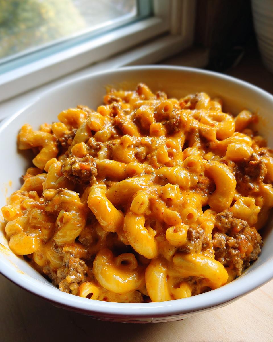 A close-up view of a bowl filled with creamy, cheesy cheeseburger pasta mixed with ground beef, served indoors near a window.