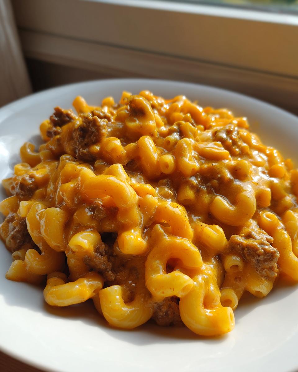 Close-up of creamy, cheesy cheeseburger pasta with ground beef mixed with elbow macaroni.