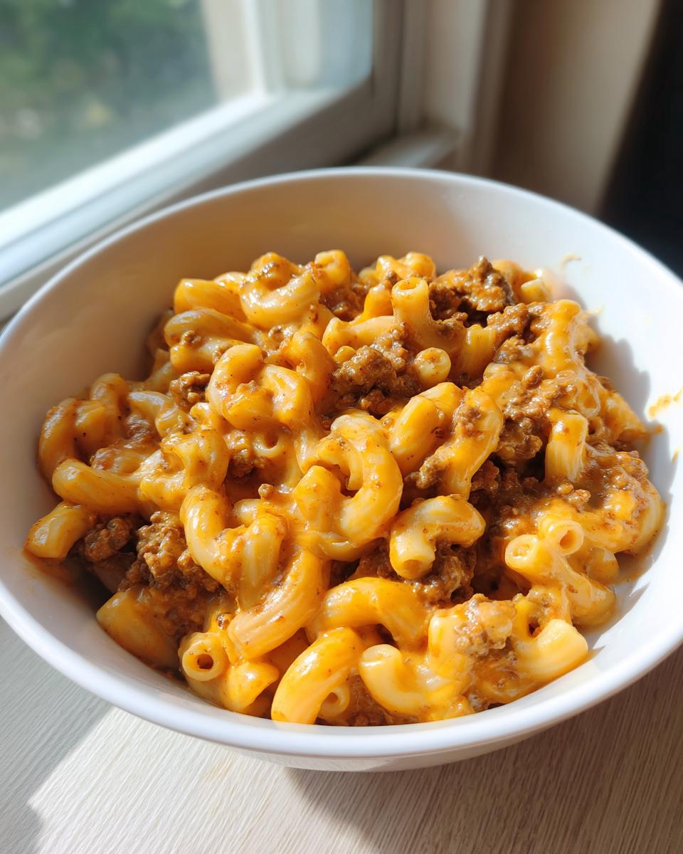 A white bowl filled with creamy, cheesy cheeseburger pasta mixed with browned ground beef, sitting near a window.