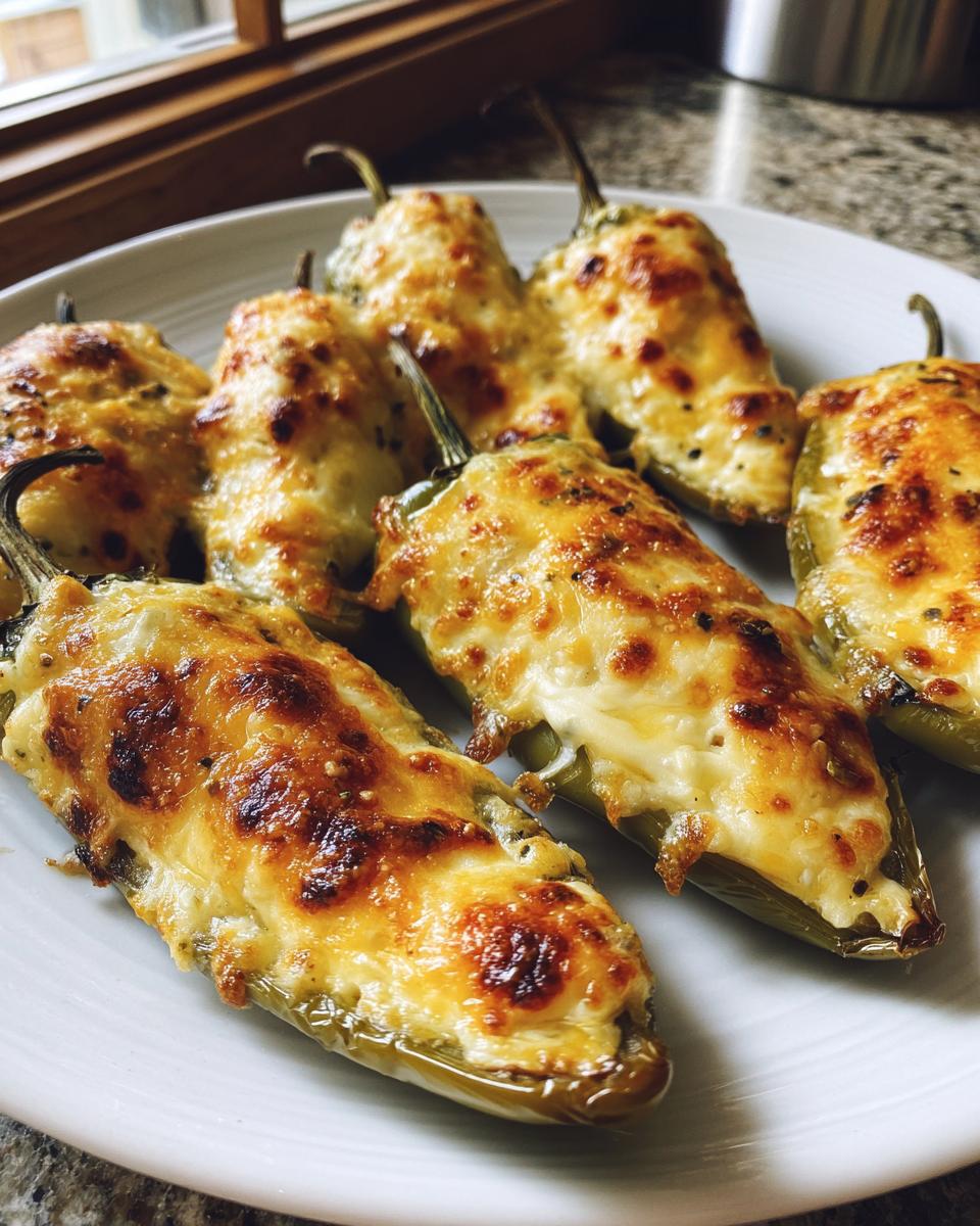 Close-up of baked stuffed banana peppers topped with melted, browned cheese served on a white plate.