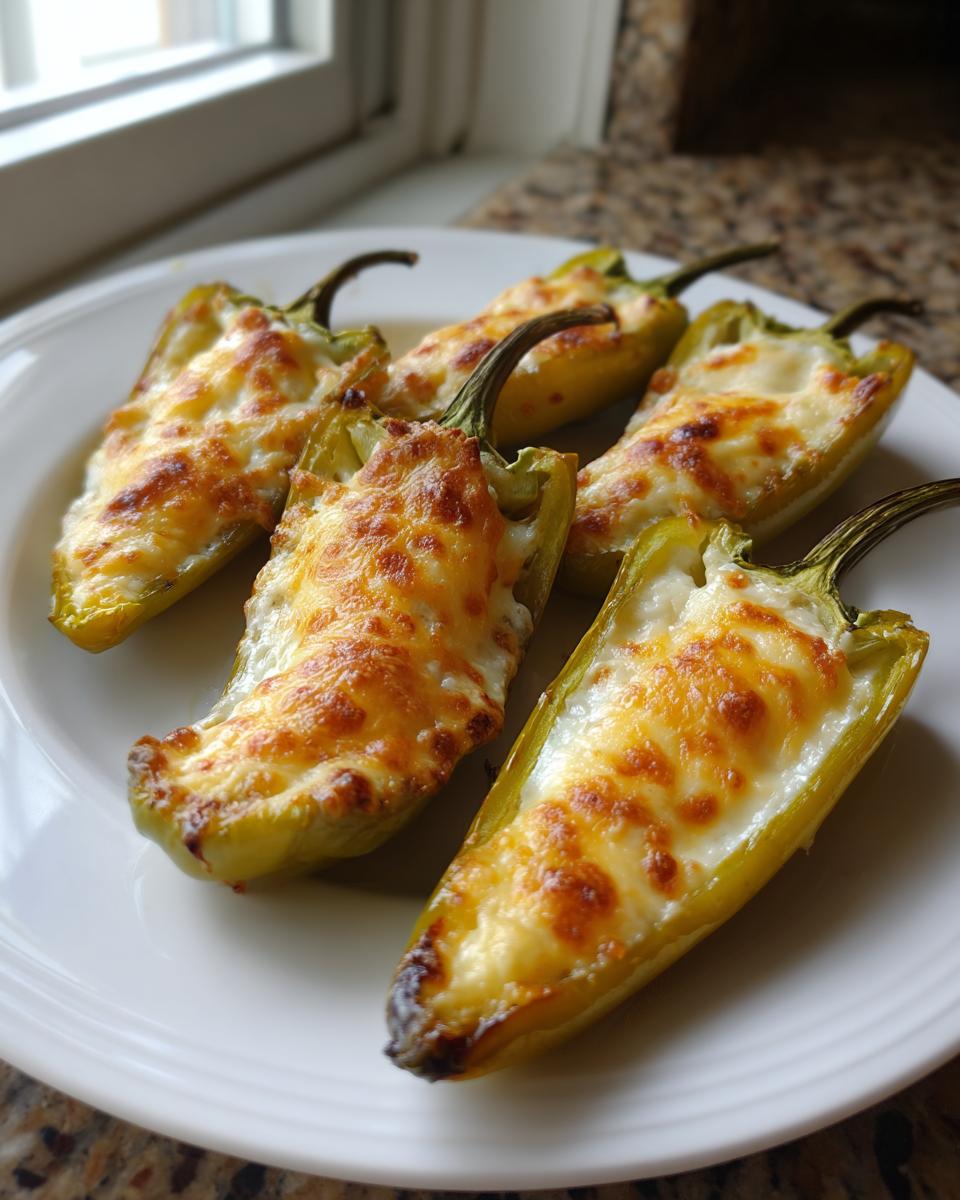 Five baked stuffed banana peppers topped with melted, browned cheese served on a white plate.