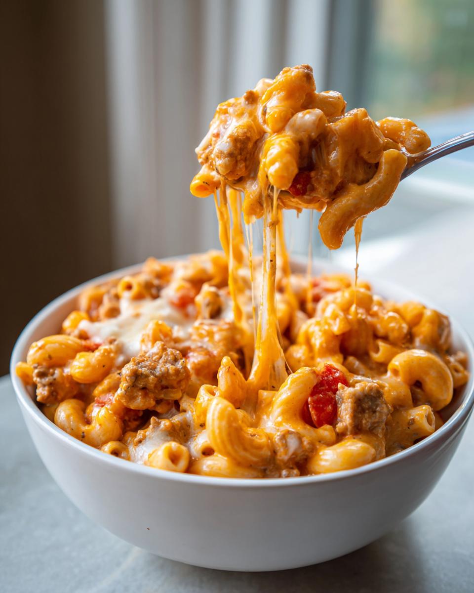 A spoonful of cheesy taco pasta being lifted from a white bowl, showing long, gooey cheese pulls.