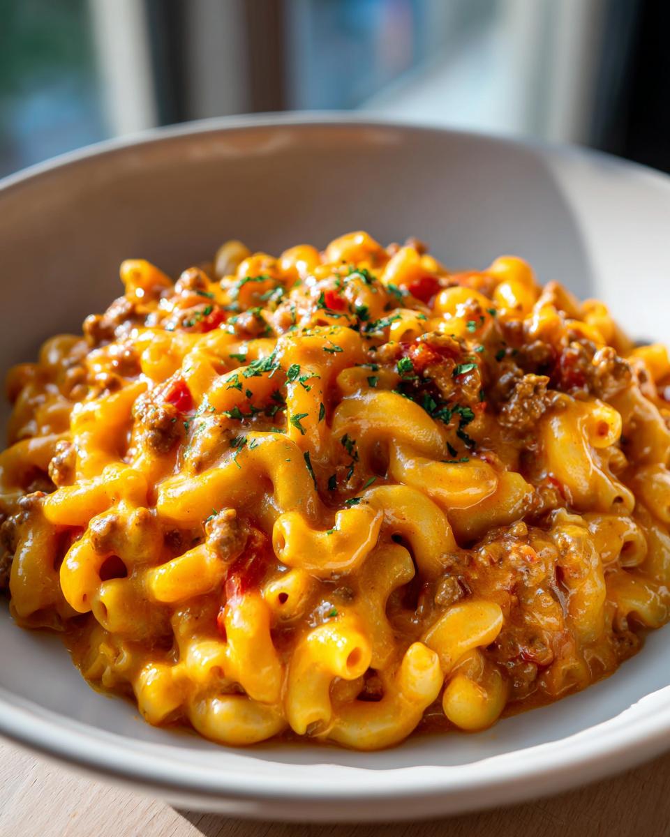 A close-up of a bowl filled with creamy, bright orange cheesy taco pasta, topped with seasoned ground meat and fresh parsley.