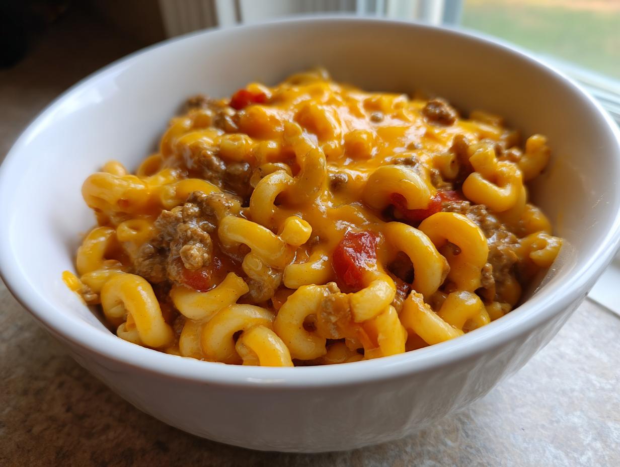 A close-up view of cheesy taco pasta featuring elbow macaroni, ground beef, and melted cheddar cheese in a white bowl.