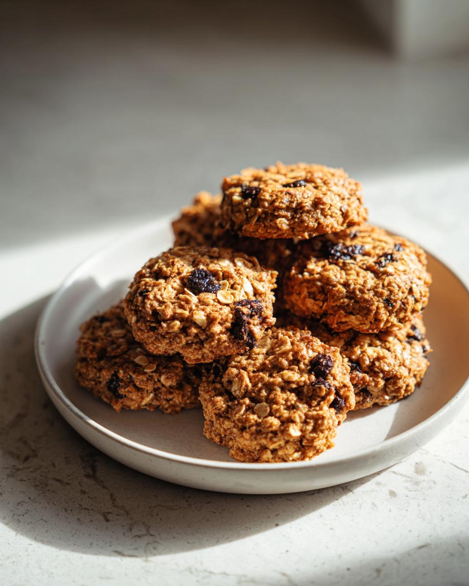 A stack of chewy breakfast cookies made with oats and dried fruit, highlighted by natural sunlight.