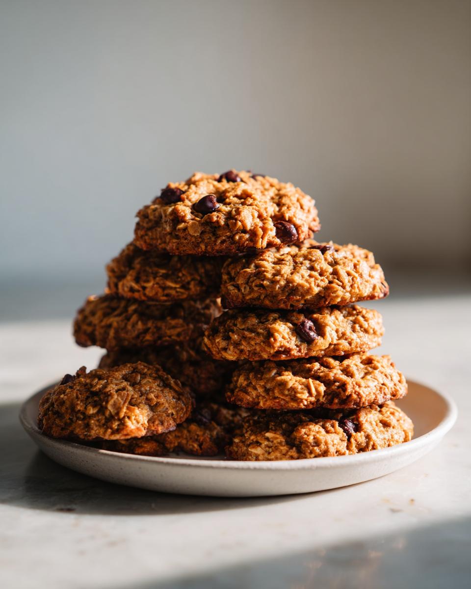 A tall stack of chewy oatmeal chocolate chip breakfast cookies piled high on a small white plate.