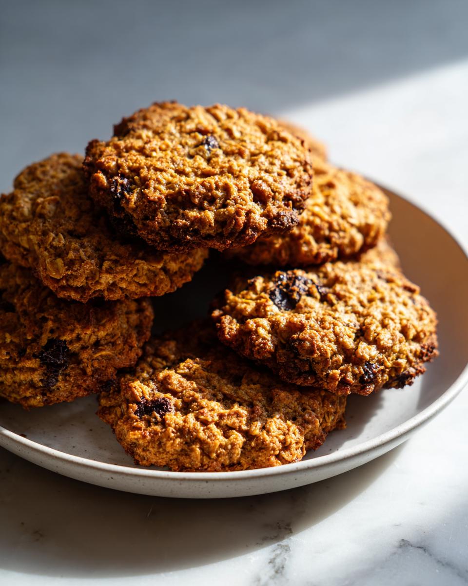 A close-up stack of chewy, golden-brown breakfast cookies with visible oats and raisins, served on a light plate.